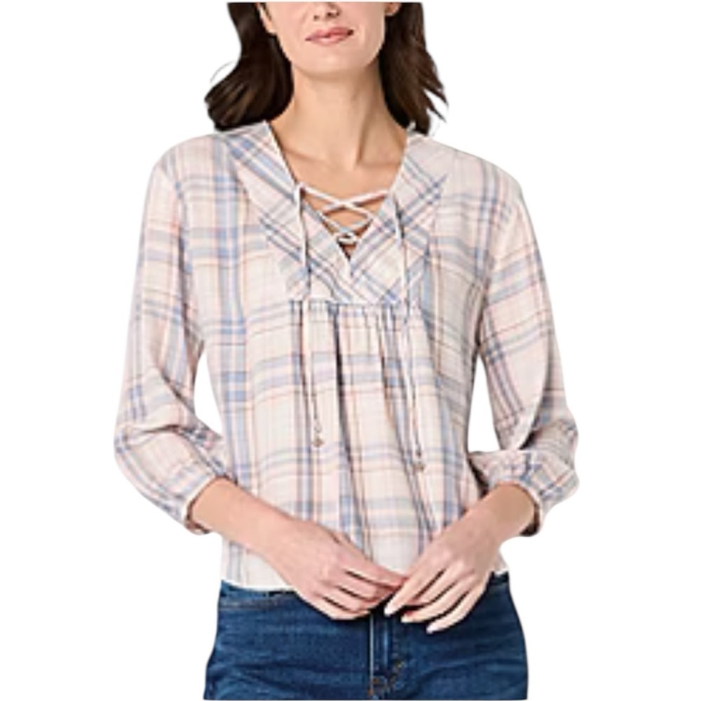 FRYE & CO. Plaid Lace-Up Peasant Blouse Size Medium Western Cowgirl Cottagecore
